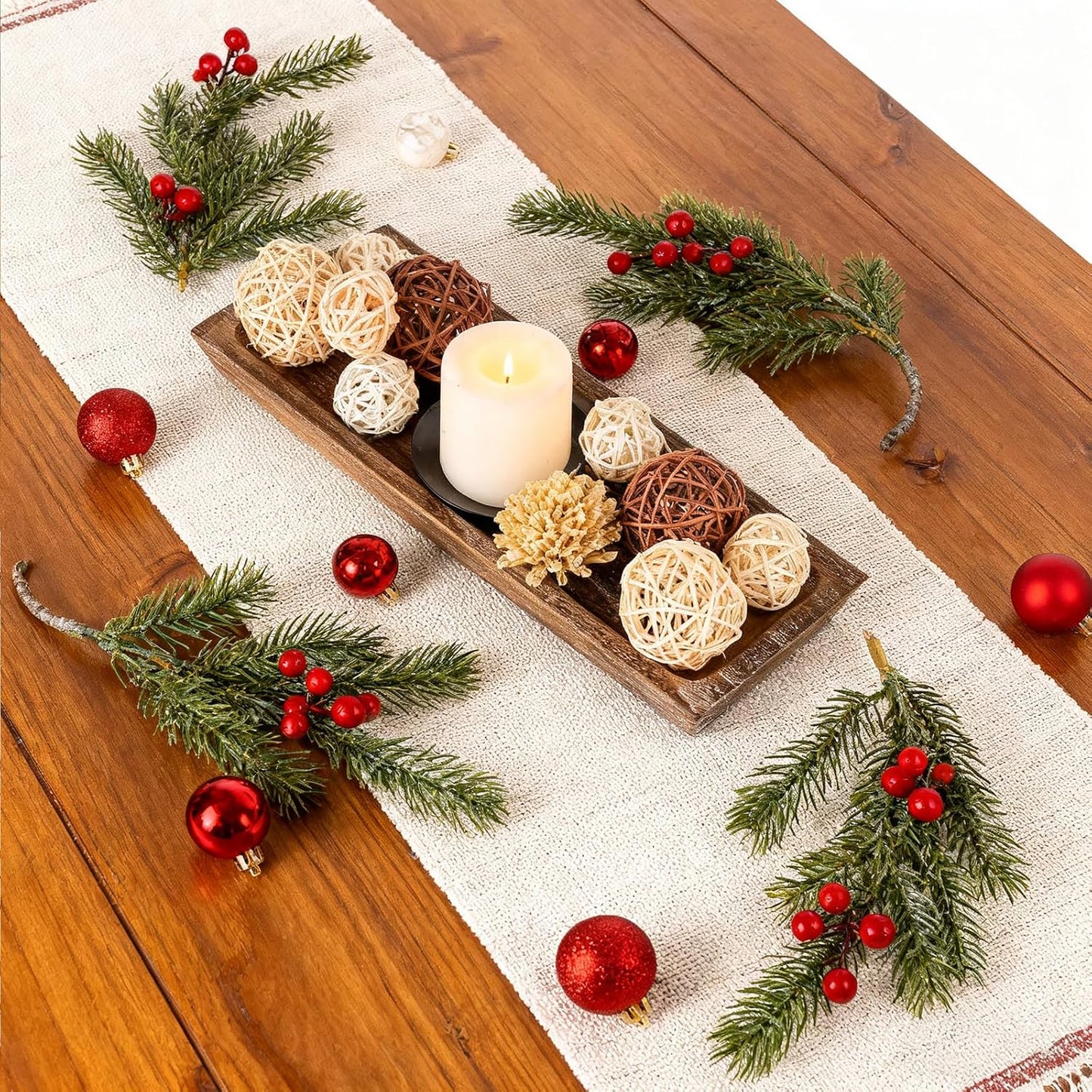 Hanobe Decorative Wooden Tray Long Narrow Centerpiece Candle Holder | 15.6" Wood Rustic Farmhouse Home Decor for Dining Coffee Table Kitchen Fireplace Mantle, Rectangle, More Cheap