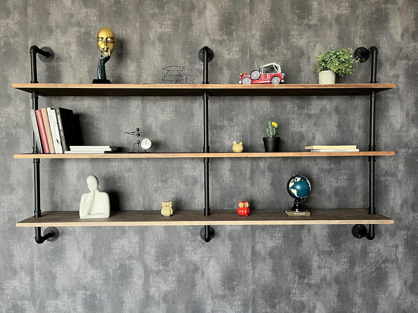 Floating Shelves 70 inch Wall Bookshelf Industrial Pipe Shelving Shelves Real Wood Planks Rustic Wal