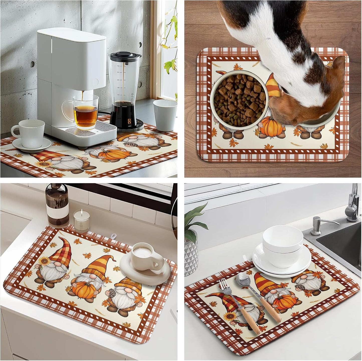 Fall Pumpkin Gnomes Dish Drying Mat Maple Leaves Autumn Large Kitchen Mats Dish Drying Pad Absorbent Dish Dryer Mat for Kitchen Countertops Microfiber Drainer Pad Dish Drying Mats (18x24 in)