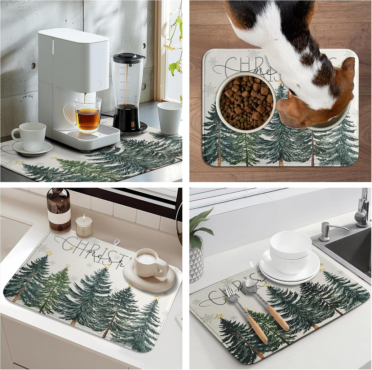 Merry Christma Trees Dish Drying Mat Winter Forest Large Kitchen Mats Dish Drying Pad Xmas Snow Absorbent Dish Dryer Mat for Kitchen Countertops Microfiber Drainer Pad Dish Drying Mats (18x24 in)