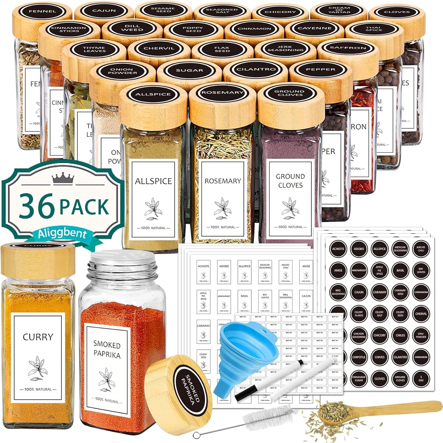 Aliggbent Spice Jars with Lable, 36 Pcs 4 oz Glass Spice Jars with Bamboo Lids, Spice Containers Bot