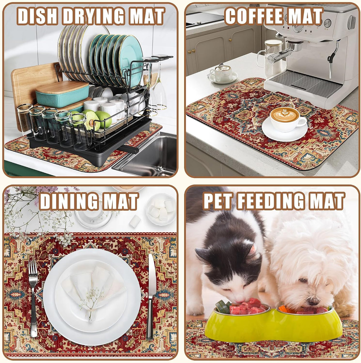 Boho Dish Drying Mat Persian Tribal Coffee Bar Mat for Countertop Absorbent Rubber Backed Hide Stain Dish Drainer Rack Pad Coffee Maker Espresso Machine Dining Room Decoration 11.8 x 19.7 Inch