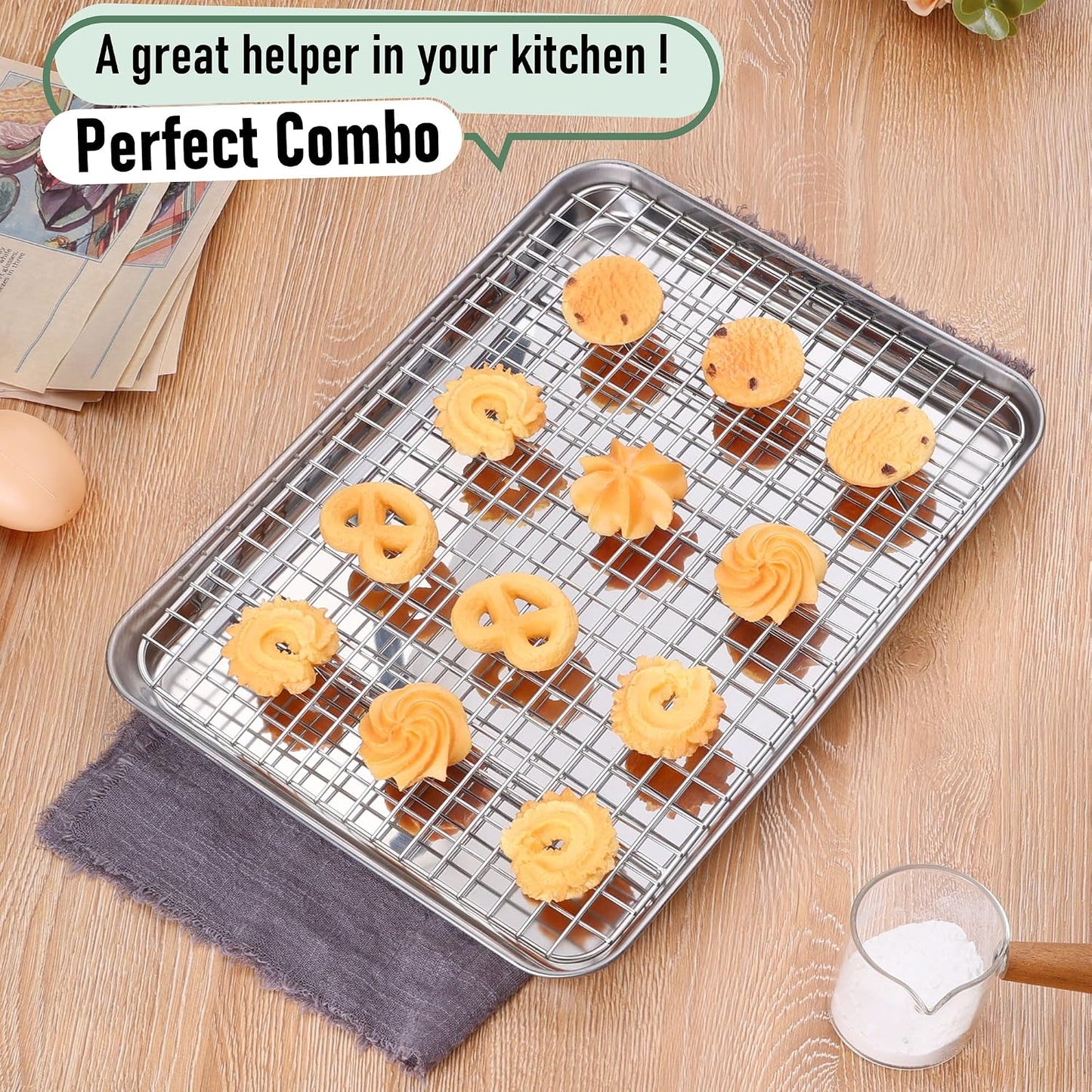 Homikit Quarter Sheet Pan with Wire Rack (2 Baking Sheet+2 Rack), 12" x 10" | Stainless Steel Quarter Baking Tray with Grid Cooling Rack for Toaster Oven Roasting, Metal Bacon Cookie Pan, Dishwasher Safe
