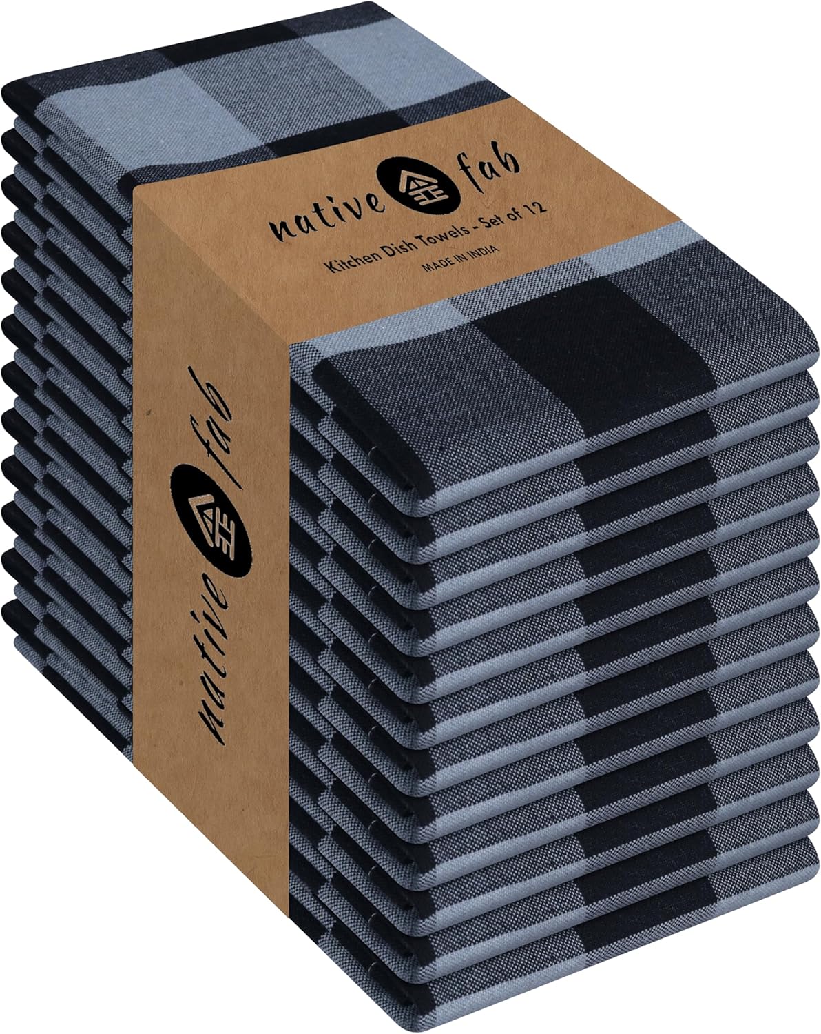 Native Fab 12 Pack Buffalo Check Kitchen Dish Towels, Cotton, Durable, Washable 16"x26" - Tea Towels