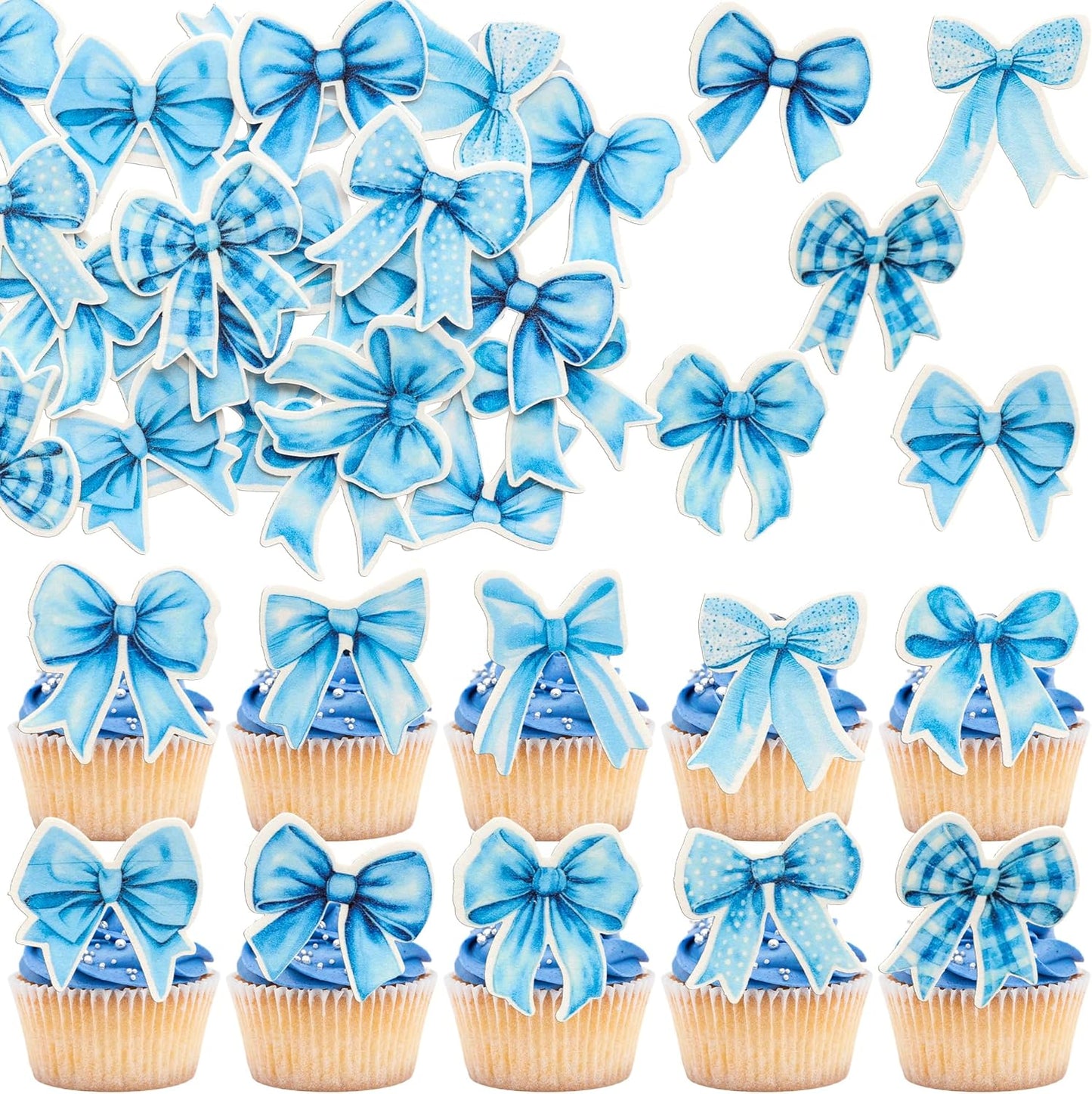 Gyufise 50Pcs Edible Blue Bowknot Cupcake Toppers Wafer Paper Bowknot Cake Dessert Picks Baby Shower
