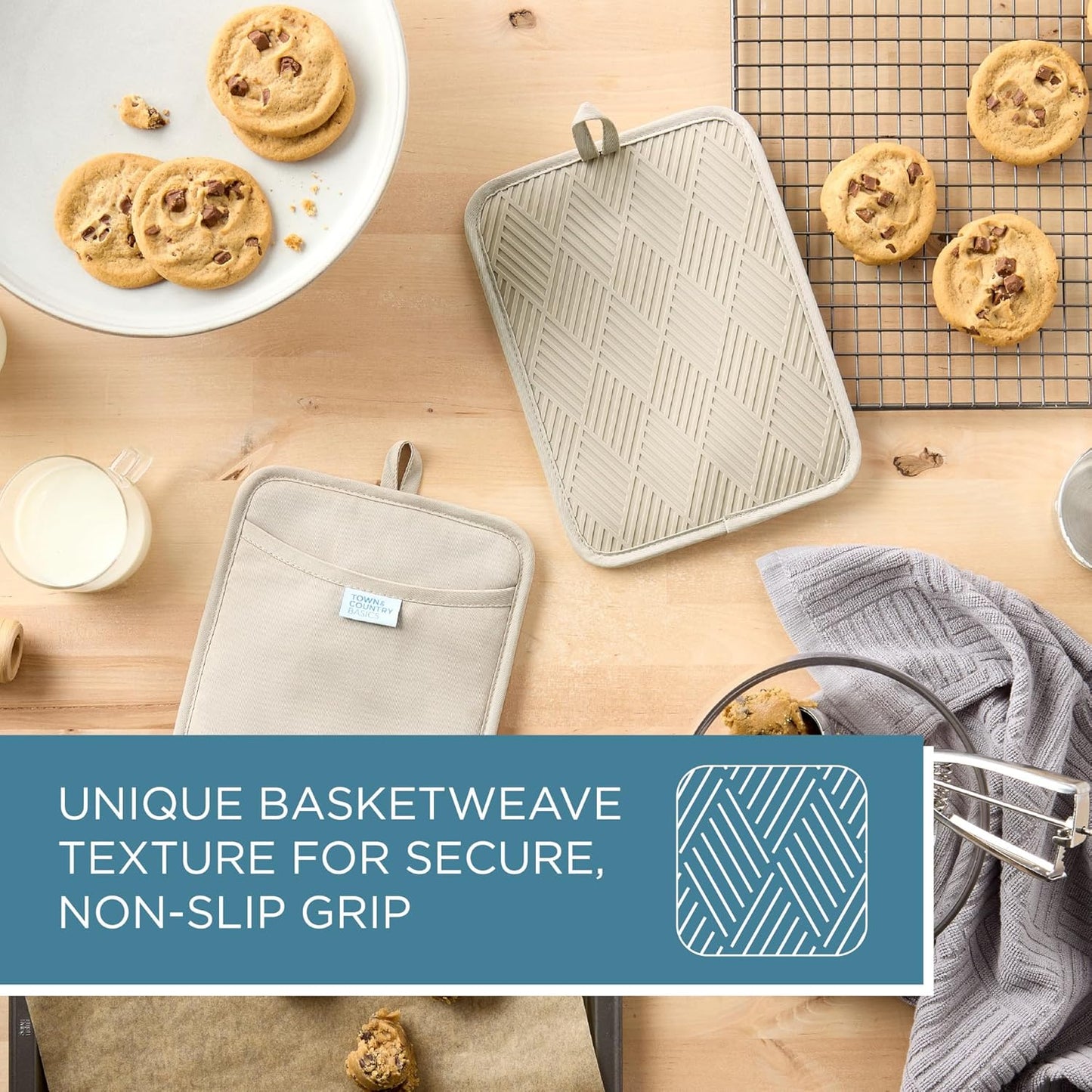 TOWN & COUNTRY BASICS Basketweave Soft Silicone Pot Holder 2-Pack Set, Heat Resistant up to 500F, Flexible Silicone,