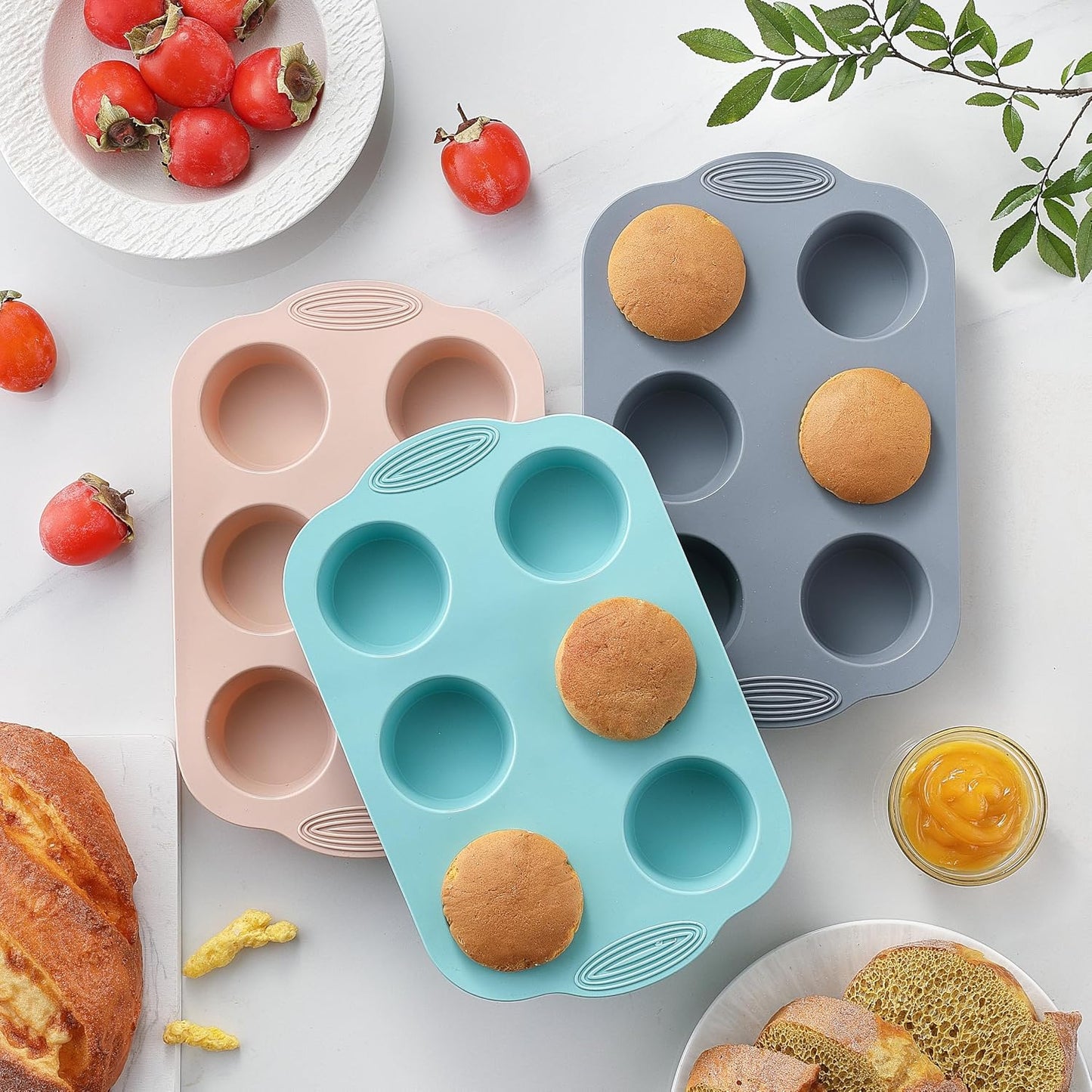 XZZWLL 3 Pack Silicone Muffin Pan, 6 Cup Nonstick Cupcake Molds for Baking