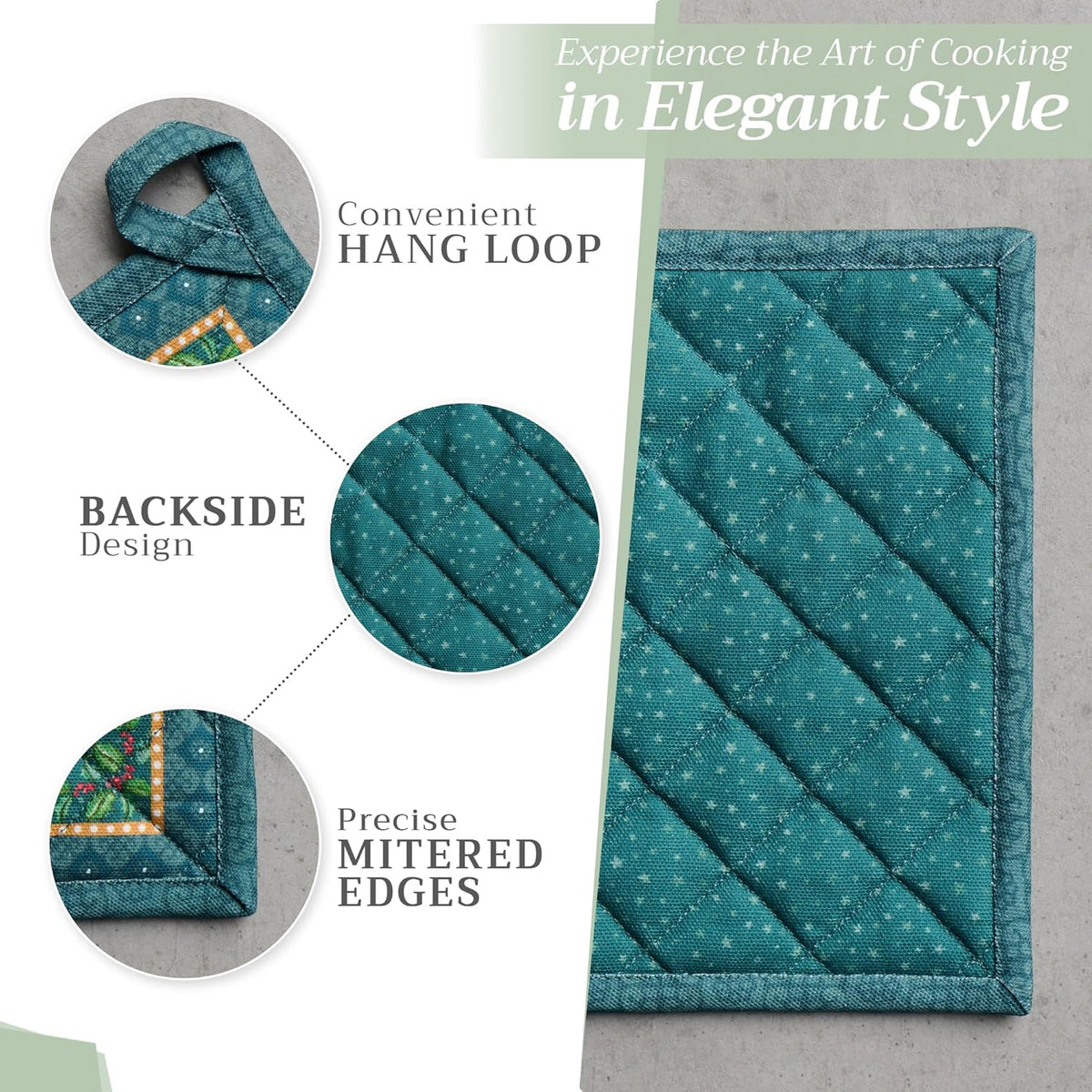 Maison d' Hermine 100% Cotton Oven Mitt & Pot Holder Set (7.5"x13" & 8"x8") Heat Resistant BBQ Cooking Gloves with Loop, Baking, Grilling, Kitchen, Handling Hot Pans (Hygge Christmas)