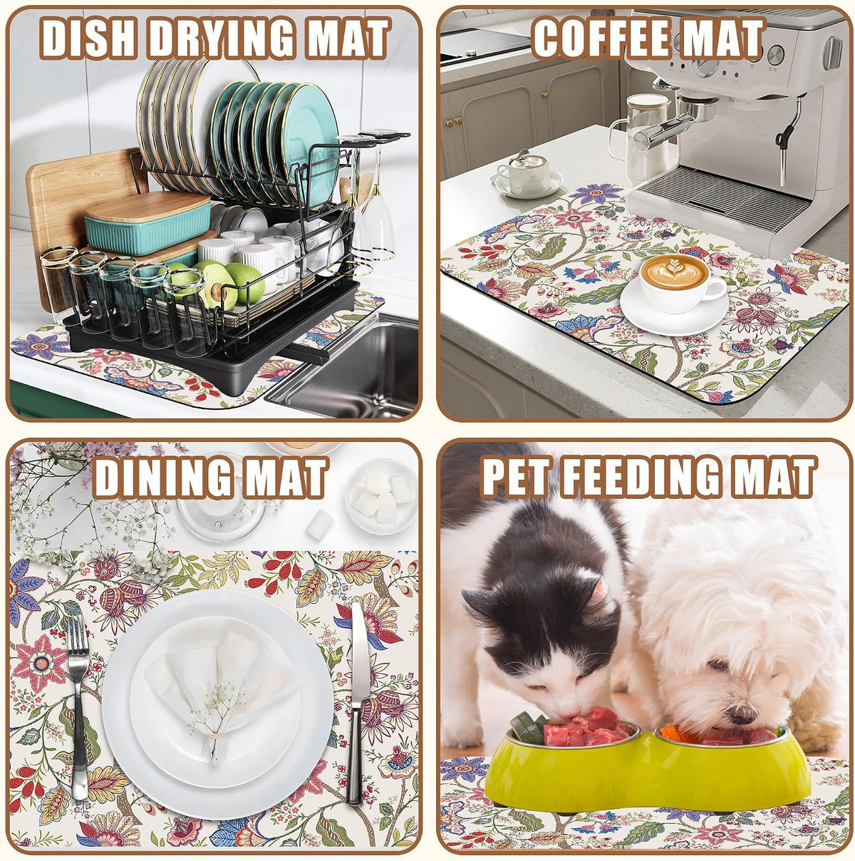 Colorful Flowers Dish Drying Mat for Kitchen Counter Bar Mat Hide Stain Absorbent Rubber Backed Coffee Maker Espresso Machine Bar Accessories 11.8 x 19.7 Inch