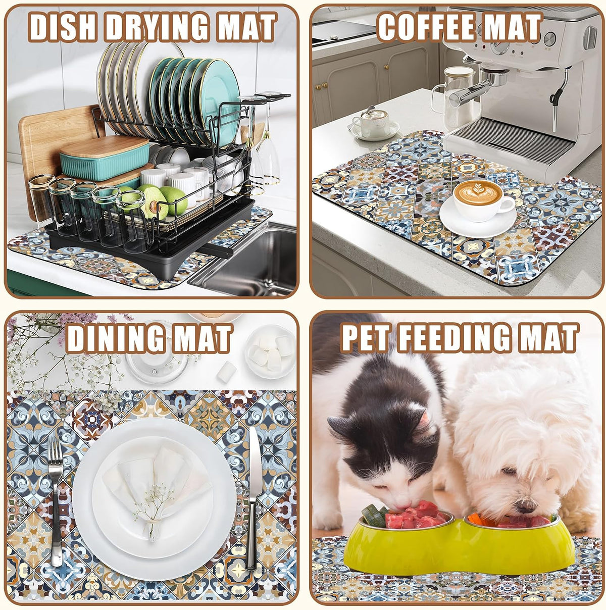 Retro Colorful Tiles Dish Drying Mat for Kitchen Counter Floral Coffee Mat Hide Stain Absorbent Drying Rack Pad with Rubber Backed Espresso Machine Coffee Bar Accessories 11.8 x 19.7 Inch