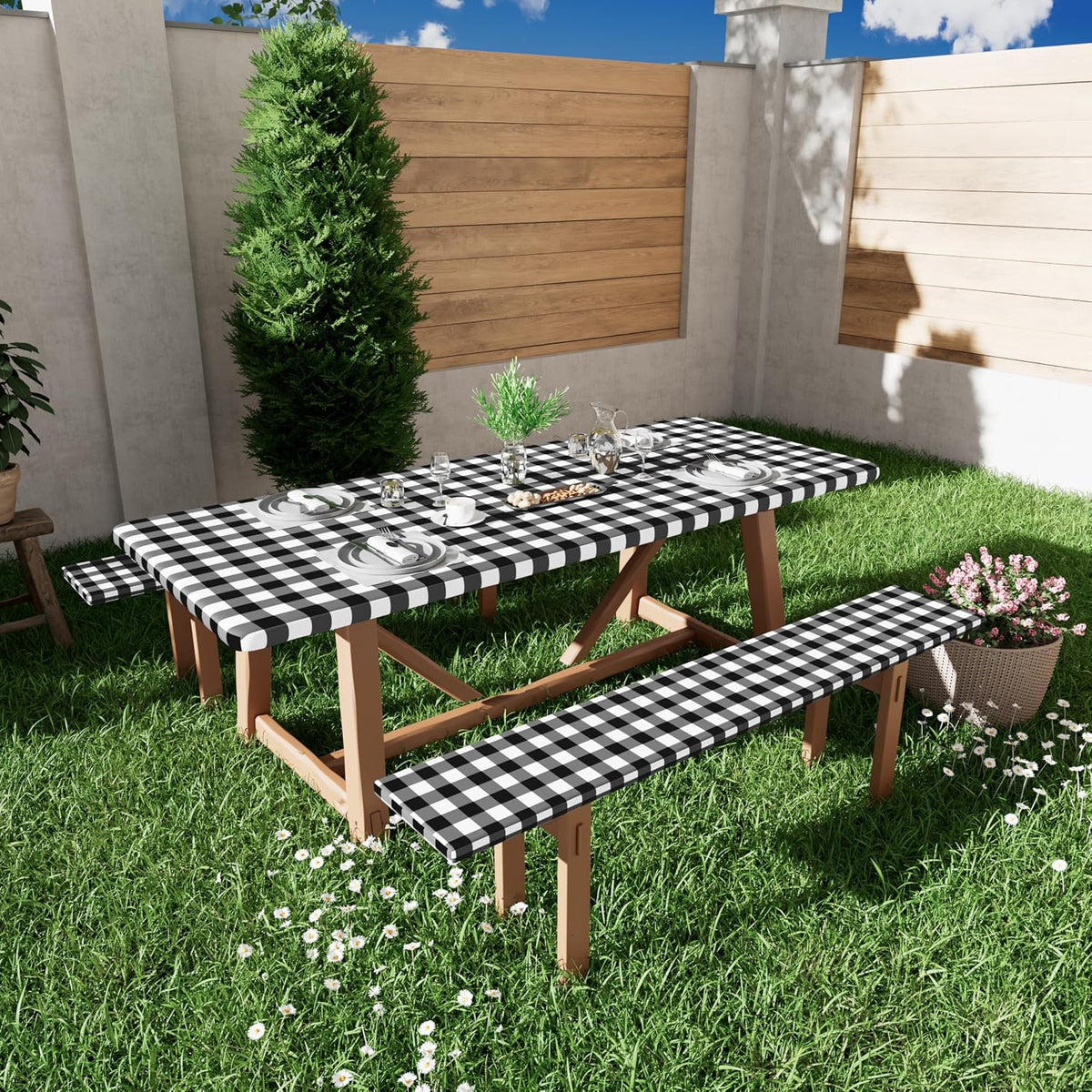 Smiry 6FT Picnic Table Cover with Bench Covers, Elastic Fitted Tablecloth