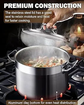 Stainless steel stock pot lid sitting atop pot showing secure fit and design