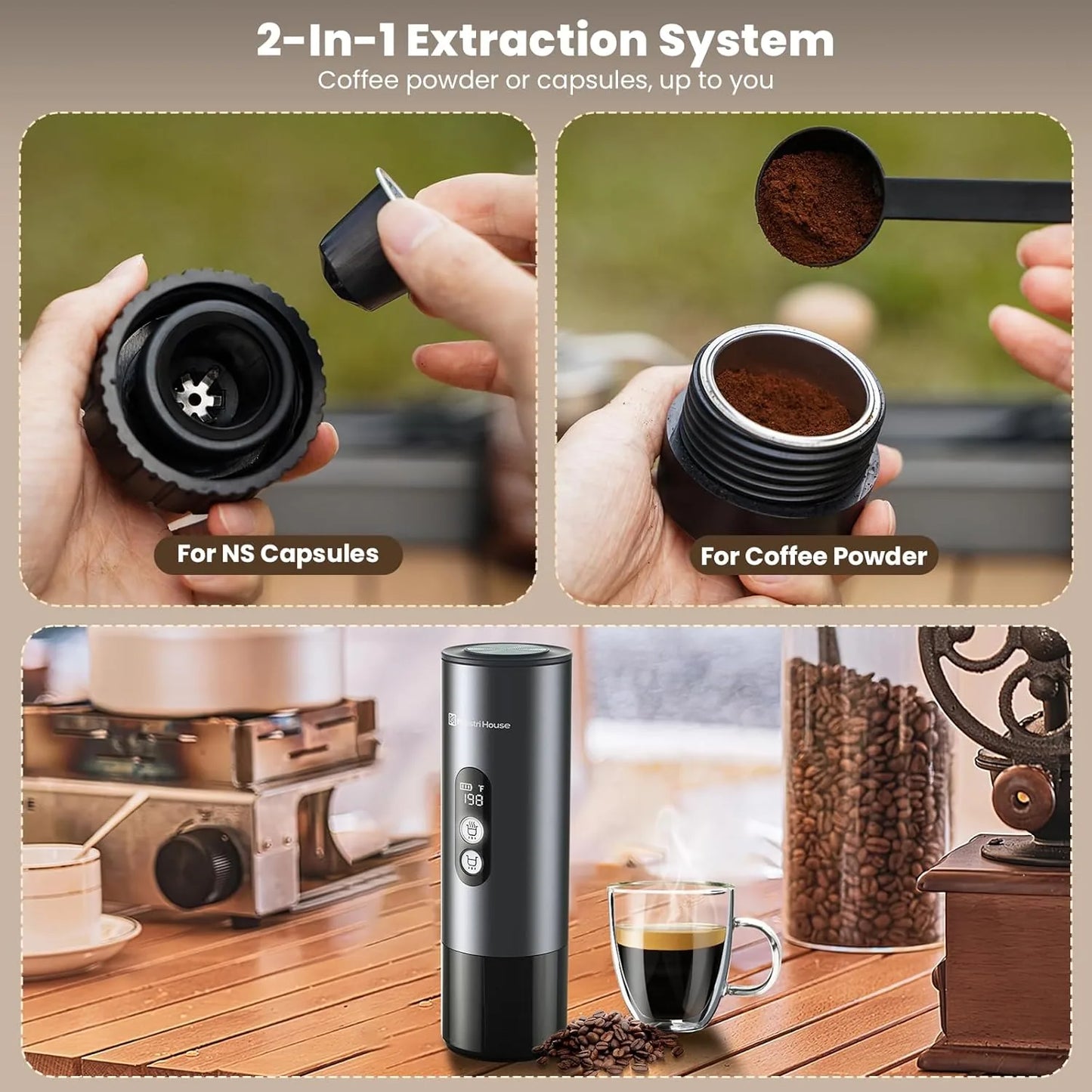 Travel espresso machine with storage bag and universal capsule compatibility features