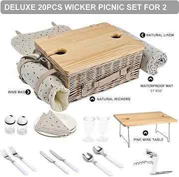 Folded checkered blanket and complete tableware pieces included in picnic set
