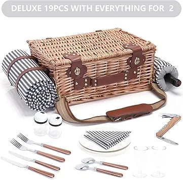 Wine pouch and blanket accessories included with striped wicker picnic set