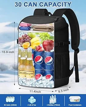 Detail of dual compartments in insulated camping cooler backpack
