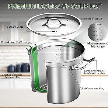 Stainless steel stockpot lid and rim showing commercial-grade construction quality