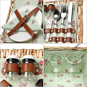 Wicker picnic basket interior showing compartments and organized dining accessories