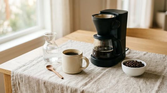 Minimal morning coffee station with a warm cream stoneware mug and matte-black drip coffee maker on a linen-covered light wood table
