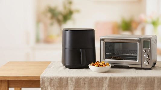 Matte black air fryer and stainless-steel toaster oven side by side on a light wood table with a ceramic bowl of roasted vegetables between them