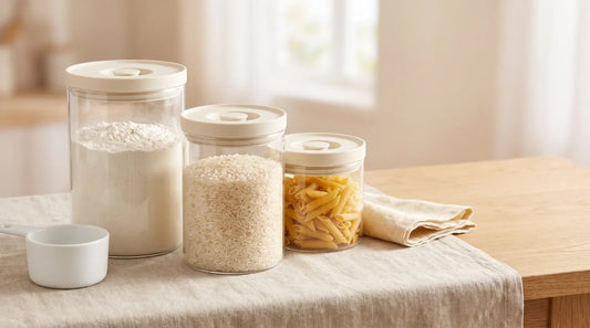 Set of three graduated clear airtight pop-top canisters filled with flour, rice, and penne pasta on a linen-covered light wood table