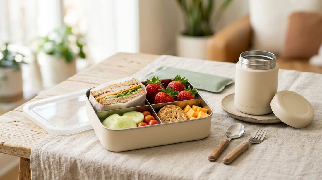 Open 4-compartment bento box with sandwich, strawberries, cucumber, and crackers beside a matte insulated food jar on a linen tablecloth