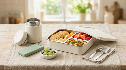 Open insulated stainless-steel bento lunch box and vacuum food jar on a linen tablecloth with fresh strawberries, crackers, and grapes for a back-to-school lunch