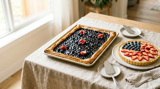 Blueberry slab pie and strawberry-blueberry cream tart on a linen-covered light wood table for Fourth of July