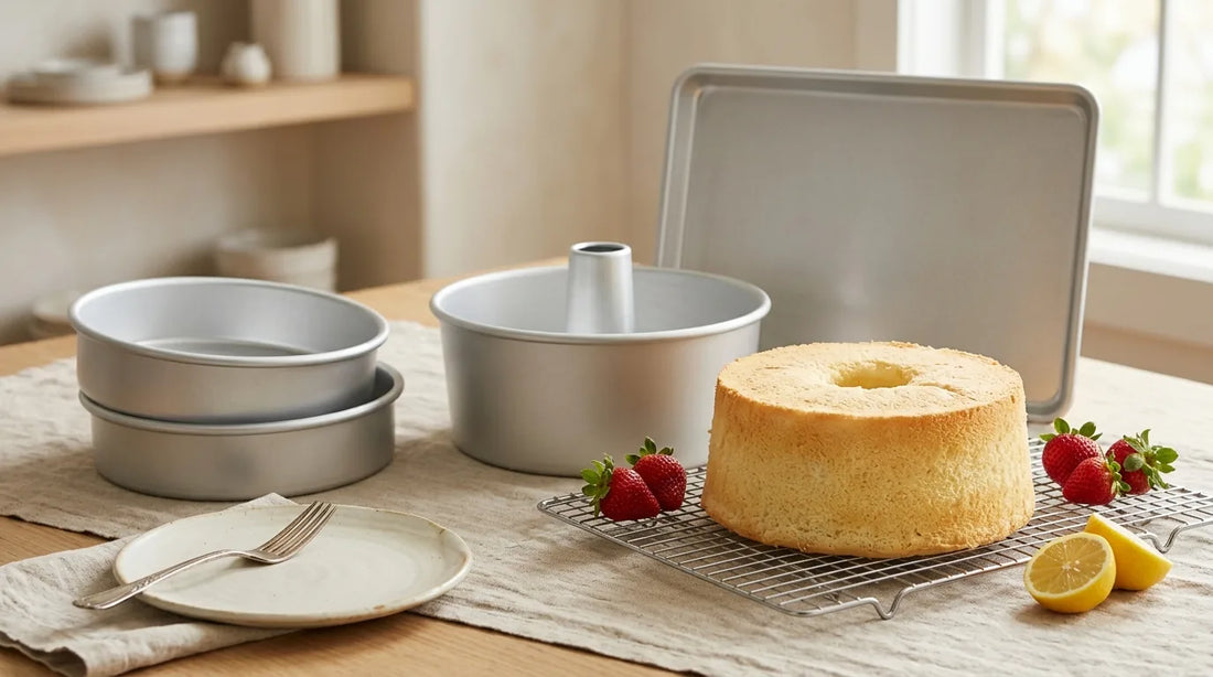 Best cake pans for light summer cakes — uncoated aluminum tube pan, 8-inch round pans, and sheet pan on a linen-covered wood table beside a golden chiffon cake on a wire rack with fresh strawberries