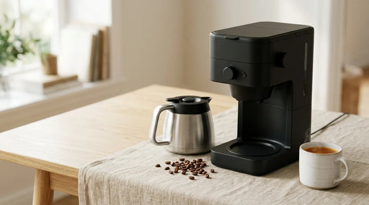 Premium matte black drip coffee maker with stainless steel thermal carafe and white ceramic mug on a linen-covered light wood table
