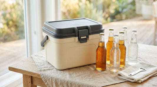 Compact matte hard-shell cooler on a linen-covered light wood table with unbranded cold brew and sparkling water bottles glistening with condensation