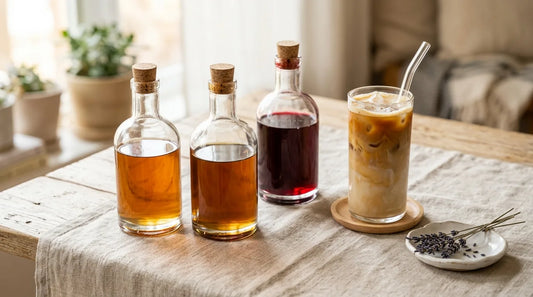 Three glass syrup bottles beside a tall layered iced latte on a linen-covered light wood table