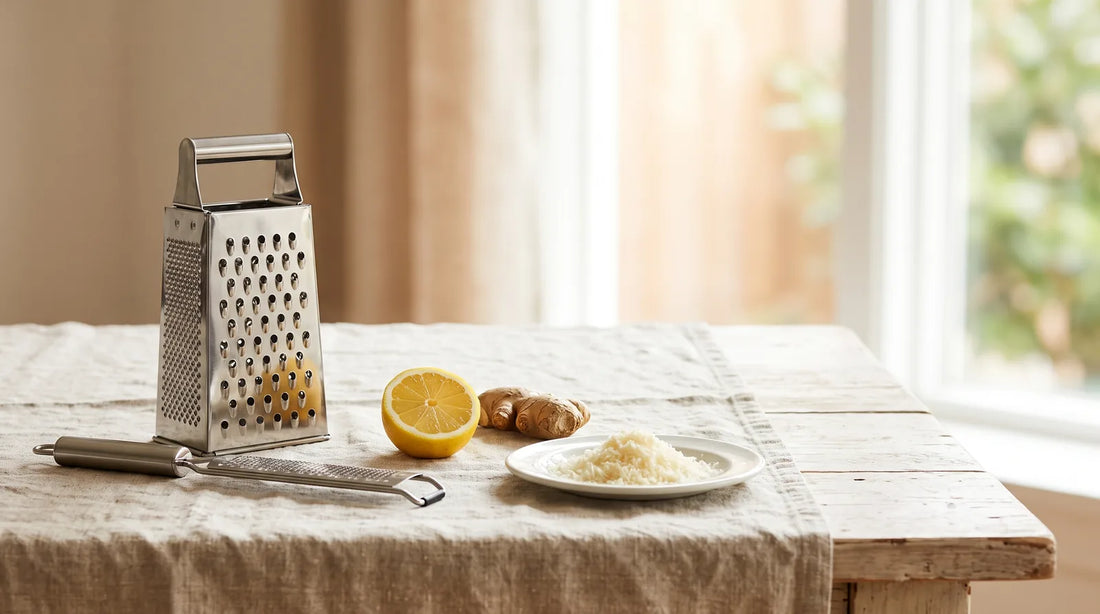 Box grater and Microplane zester side by side on a linen tablecloth with a halved lemon, fresh ginger knob, and grated Parmesan on a white ceramic plate