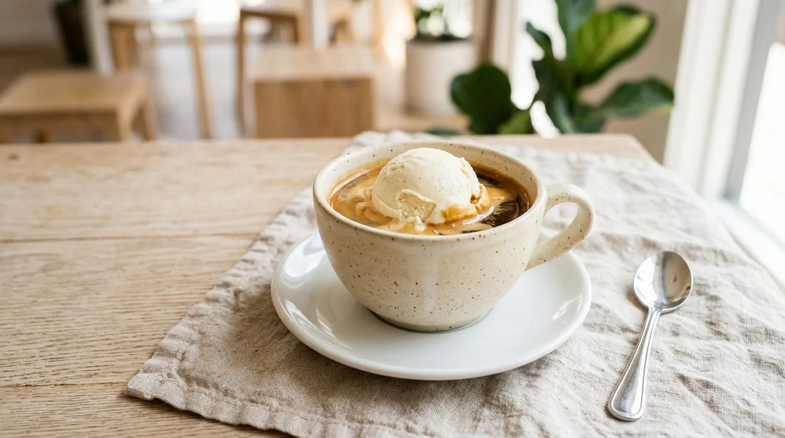 Café-style affogato in a warm cream stoneware cup — vanilla gelato with dark espresso pooling at the base on a linen tablecloth