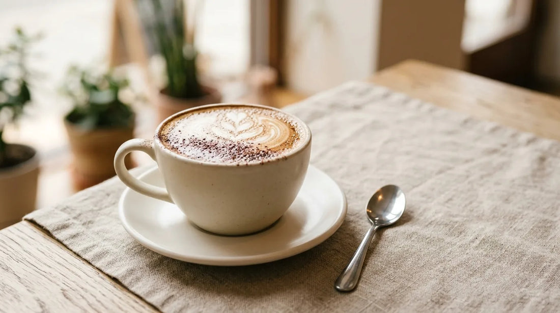 Café-style cappuccino in a warm cream stoneware cup with a glossy microfoam cap dusted with cocoa, on a linen tablecloth and light wood table