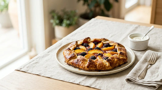 Café-style galette with caramelized peaches and blackberries on a linen tablecloth at home