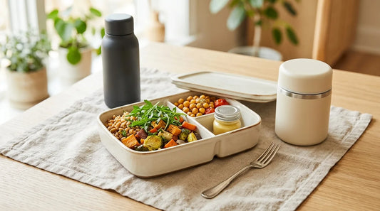 Open divided bento lunch box with farro grain bowl, roasted chickpeas, arugula, and a sealed dressing jar beside a vacuum-insulated food jar on a linen-covered wood table