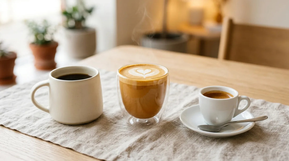 Three café-style cups under $30 on a linen tablecloth — double-wall glass latte cup, wide cream ceramic mug, and white porcelain espresso demitasse on a light wood table