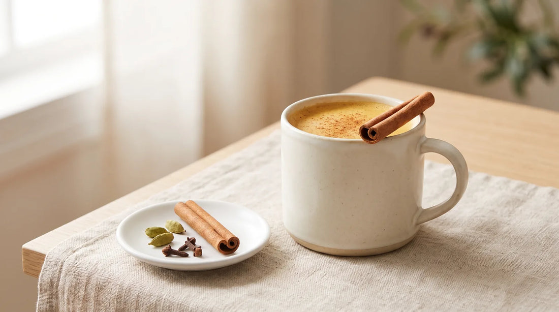 Homemade chai latte recipe — cream stoneware mug of golden chai with cinnamon stick and whole spices on a linen tablecloth