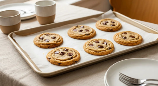 Perfectly baked thick golden-brown chocolate chip cookies on a light-colored aluminum sheet pan lined with parchment paper