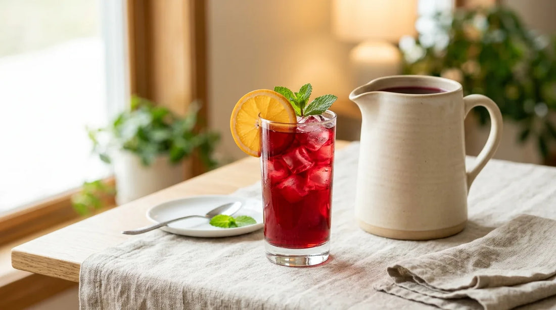 Tall clear glass of deep ruby hibiscus-orange citrus iced tea with ice and orange slice on a light wood table with linen cloth
