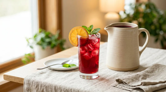 Tall clear glass of deep ruby hibiscus-orange citrus iced tea with ice and orange slice on a light wood table with linen cloth