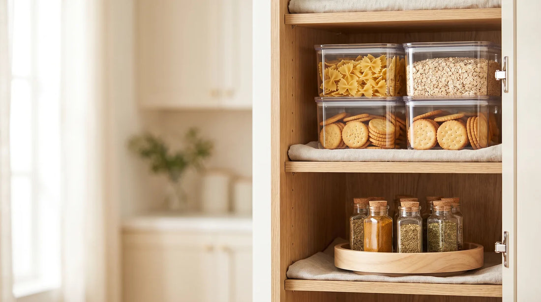 Neatly organized open pantry cabinet with clear stackable bins and a lazy Susan turntable holding spice jars on light wood shelves