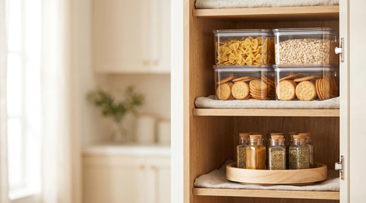 Neatly organized open pantry cabinet with clear stackable bins and a lazy Susan turntable holding spice jars on light wood shelves