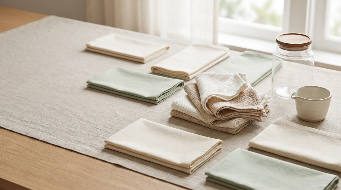 Freshly laundered cloth napkins in cream and sage folded on a light wood table beside a glass jar and cream stoneware measuring cup