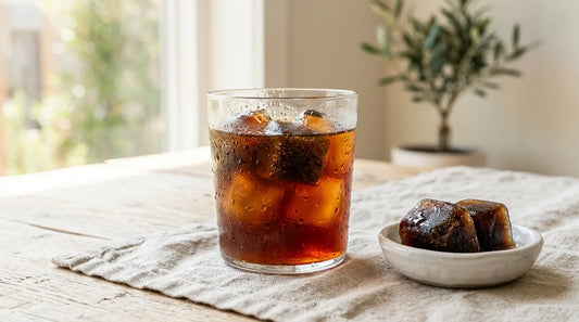 Clear glass tumbler of cold brew coffee with dark coffee ice cubes on a linen tablecloth, condensation on the glass
