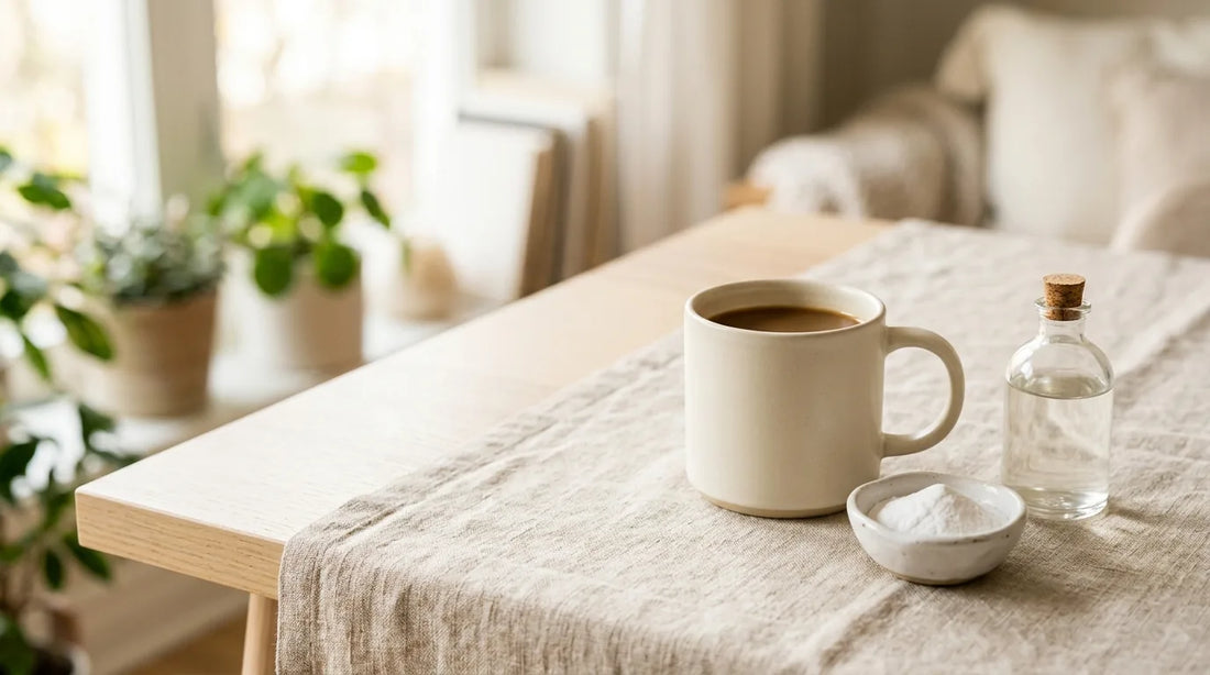 Cream stoneware coffee mug beside a pinch bowl of baking soda and a glass bottle of white vinegar on a linen tablecloth, ready for a stain and odor refresh
