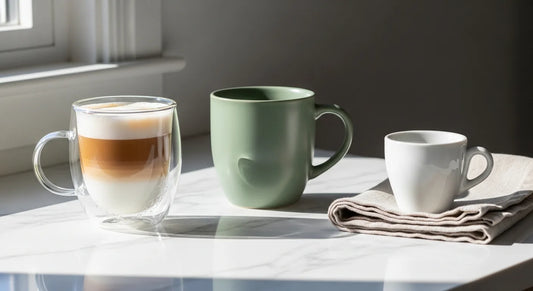 Three coffee mugs on a marble countertop — double-wall glass latte, sage ceramic mug, and white porcelain espresso cup