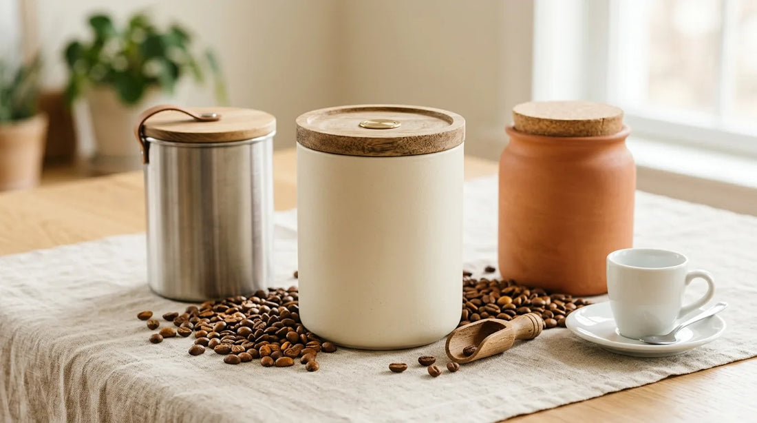 Three airtight coffee storage canisters in cream, stainless, and terracotta finishes arranged with scattered whole roasted coffee beans on a linen-covered light wood table