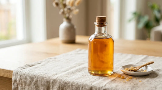 Unbranded glass bottle of smooth amber coffee syrup on a linen tablecloth beside a white ceramic dish of raw sugar crystals, naturally lit